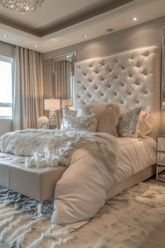 a large white bed sitting in a bedroom next to two lamps and a chandelier