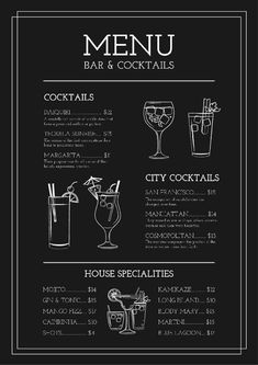 a menu for a cocktail bar with drinks in glasses and beverages on the side, black background