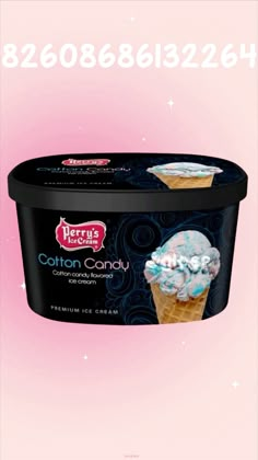 an ice cream container with blue and white toppings on it's side, in front of a pink background