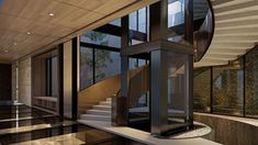 a spiral staircase in the middle of a room with large windows and marble flooring