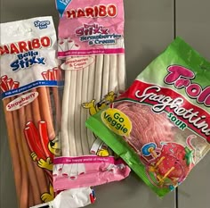 several packaged food items are displayed on a table