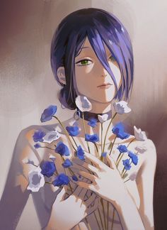 a woman with blue hair holding flowers in her hands