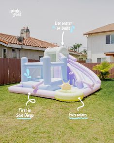 an inflatable water slide with instructions on how to put it into the pool