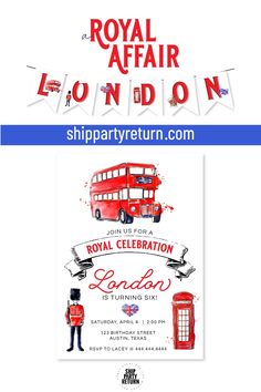 an advertisement for the royal affair in london, with red double decker bus and british symbols