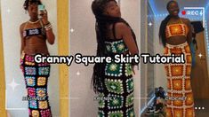 three pictures of women in crochet clothing with text that reads granny square skirt pattern