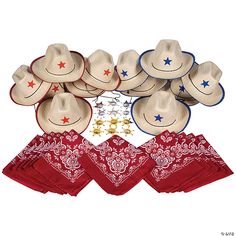 cowboy hats and bandanas are arranged on top of each other