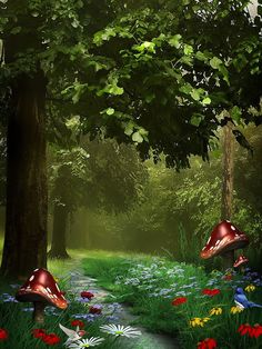 two mushrooms are in the middle of a forest with flowers and trees around them,