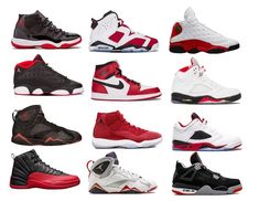 the air jordans are all in different colors and sizes, including black, white, red