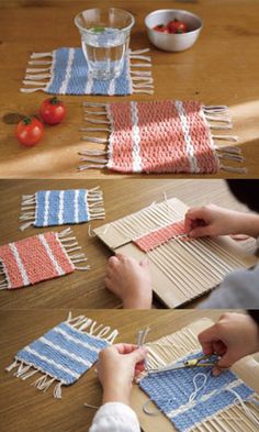 two pictures showing how to make woven placemats with strawberries and tomatoes on the table