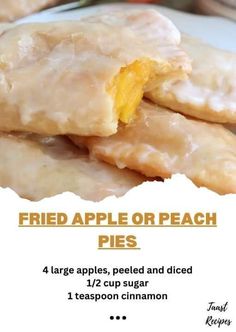 an advertisement for fried apple or peach pies on a white plate with orange slices