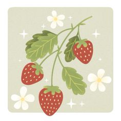 two strawberries on a branch with leaves and flowers