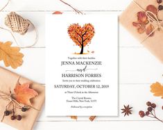 save the date card with fall leaves and presents