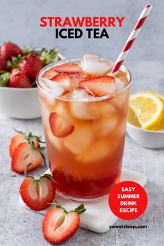 a strawberry iced tea with ice and strawberries