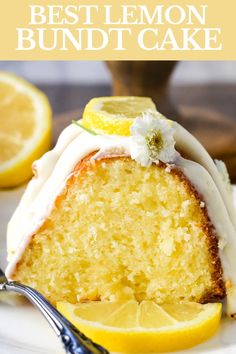 a slice of lemon bundt cake on a plate