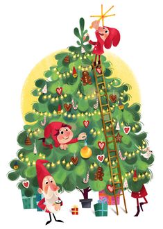 elves decorate a christmas tree with lights and presents on the bottom, while an elf stands on a ladder