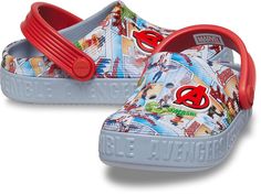 Crocs Kids Avengers Off Court Clogs (Toddler) - Kids Shoes : Blue Grey : Make a comfy Crocs statement wearing the Crocs Kids Avengers Off Court Clogs, they feature the lightweight, durable build you love with advanced ventilation for breathability and to help drain water and debris. Made with waterproof EVA upper and insole, these clogs are perfect for any activity. And with a pivoting heel strap, you can feel confident that they'll stay securely on your child's feet. Unlined. Slip-on style. Avenger-themed design on the upper. Round toe design. EVA outsole. Imported. Measurements: Heel Height: 3 5 in Weight: 2.74 oz Product measurements were taken using size 10 Toddler, width M. Please note that measurements may vary by size. Crocs Clogs, Clog Heels, Shoes Blue, The Mighty, Clogs Shoes, Toddler Kids, Toe Designs, Blue Shoes, Strap Heels