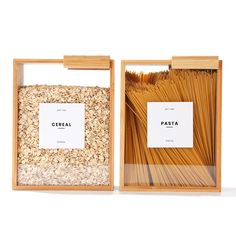 two wooden boxes filled with pasta next to each other