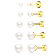 PRICES MAY VARY. Flatback Pearl Earrings: 5 pairs of stud earrings in 5 sizes, 3/4/5/6/7mm.Dainty pearl earrings with 2mm flatted back end;The flat earring backs add extra protection for you.No worry about losing, convenient to take on and off.These stud earrings are so classic that women ages can enjoy them all day every day. Gold Screw Back Earrings: The posts are made from Stainless Steel finished with high standard polishing and 14k gold plating to ensure harmlessness to sensitive skin.The f Classic White Hypoallergenic Cartilage Earrings, Classic White Cartilage Earrings As Gift, Classic White Round Piercings, Flat Earring, Dainty Pearl Earrings, Cartilage Piercing Stud, Pearl Earring Set, Ball Stud Earrings, Flat Back Earrings