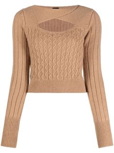 cable-knit cut-out jumper from PINKO featuring sand beige, alpaca wool-blend, cable knit, ribbed-knit edge, cut-out detailing, boat neck, long sleeves and straight hem. Knit Edge, Italian Outfits, Ribbed Knit Top, Knitted Top, Sand Beige, Alpaca Wool, Boat Neck, Sleeve Sweater