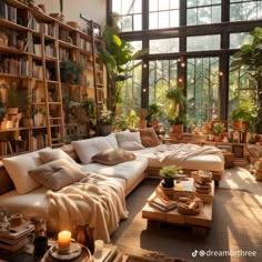 a living room filled with lots of plants and furniture