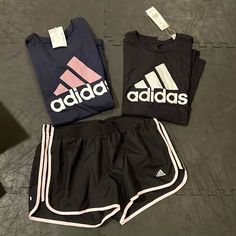 Athletic Shorts And Two T-Shirts Cheap Adidas Workout Shorts, Black Adidas Activewear For Loungewear, Adidas Pink Activewear For Summer, Adidas Pink Summer Activewear, Pink Adidas Summer Activewear, Summer Pink Adidas Activewear, Casual Pink Adidas Activewear, Casual Black Adidas Activewear, Adidas Shorts