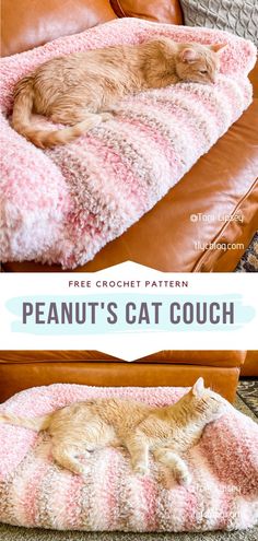 a cat laying on top of a couch covered in a pink and white blanket with text overlay that reads free crochet pattern peanut's cat couch