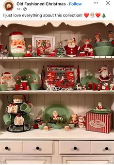 an old fashioned christmas display with santa clause and other items on it's shelves