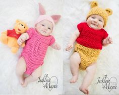 two babies wearing winnie the pooh outfits and one is holding a teddy bear toy