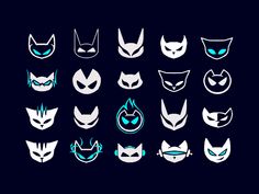 an image of various cat masks on a black background with blue eyes and fangs in the middle