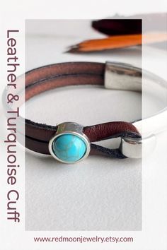 Simple yet stunning! A leather cuff bracelet with turquoise and silver styling - this is the classic Boho/Hippie/Cowgirl style bracelet. Wear it solo or stacked with silver bangles or beaded bracelets. #redmoonjewelry #turquoisebracelet #leatherbracelet #cowgirljewelry #bohostyle #hippiestyle Southwestern Adjustable Leather Bracelet, Southwestern Adjustable Leather Bracelet For Gift, Southwestern Turquoise Leather Bracelet As Gift, Southwestern Adjustable Leather Bracelet Gift, Southwestern Style Turquoise Leather Bracelet, Unique Adjustable Turquoise Leather Bracelet, Adjustable Turquoise Leather Bracelet, Adjustable Turquoise Leather Bracelet With Concho, Adjustable Turquoise Leather Bracelet Southwestern Style