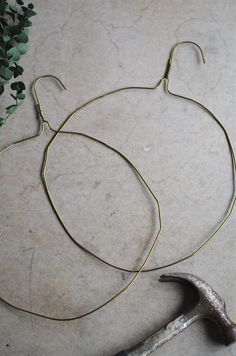 a hammer and some wire on the ground next to a potted plant with green leaves