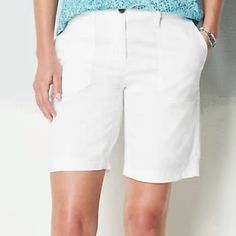 We've Updated The Everyday Shorts You Love With Front And Back Patch Pockets And Kept The Classic Features Like A Fly Front With Button Closure. The Easy-To-Wear, Flattering Fit Pairs Perfectly With Your Favorite Tops, Sweaters And Tees. A Touch Of Spandex Offers Comfort And Ease. Solid: 54% Cotton, 43% Tencel Lyocell And 3% Spandex Woven White Workwear Shorts With Pockets, White Bermuda Shorts With Pockets For Work, Short Bottoms With Patch Pockets, Casual Bermuda Shorts For Work With Side Pockets, White Bermuda Shorts With Pockets For Summer, Bermuda Workwear Pants With Pockets, White Bermuda Shorts With Pockets, Casual White Bottoms With Patch Pockets, White Bermuda Bottoms With Pockets