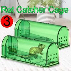 two green plastic mice in a cage with the text rat catcher cage 3 on it