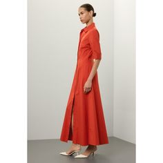 Red cotton (98% Cotton, 2% Spandex). Casual dress. Short sleeves. Collared neckline. Front button closure. 45.5" from shoulder to hemline. Imported. White Heels, Rent The Runway, Summer Ready, Closet Designs, Woven Bag, Vibrant Red, Timeless Elegance, Casual Dress, Shirt Dress