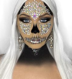 Skeleton Makeup With Jewels, Jewel Skeleton Makeup, Catrina Makeup With Gems, Bedazzled Skull Makeup, Glam Catrina Makeup, Sparkly Skull Makeup, Unicorn Makeup Halloween, Halloween Skeleton Makeup, Glam Skull