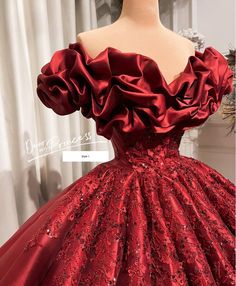 Red Rose Dress Gowns, Elegant Off The Shoulder Red Dress, Red Princess Gown Royalty, Red Ball Gowns Princess Fairytale, Old Money Ball Gowns, Red Gown For Debut, Elegant Off-shoulder Quinceanera Gown, Red Ball Gown Princesses, Red Princess Ball Gown For Prom