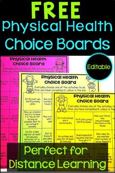 the physical health choice board for distance learning with text overlaying it and an image of