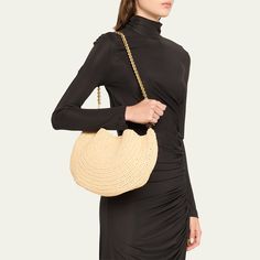 Bottega Veneta "Sardine" top handle bag in crochet raffia and leather  Metal top handle Chain shoulder strap Can be worn as a top handle or shoulder bag  Open top with magnetic closure  Approx. 7.9"H x 13"W x 1.6"D Made in Italy Chic Handheld Crochet Bag In Natural Color, Chic Natural Crochet Bag With Round Handle, Chic Natural Handheld Crochet Bag, Elegant Straw Bag With Round Handle In Natural Color, Chic Natural Shoulder Bag With Round Handle, Chic Crochet Straw Bag With Round Handle, Chic Crochet Straw Bag With Top Handle, Evening Shoulder Bag With Bamboo Handle, Evening Straw Bag With Double Handle