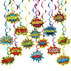 a bunch of balloons that are shaped like comic characters with the words boom on them