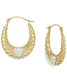 Let your style soar with these whimsical hoop earrings detailed with winged texture and round-cut crystals. Crafted in 10k gold. Approximate diameter: 3/4 inch. Macy's Tarnish Resistant Earrings For Anniversary, Mens Gift Sets, Luxury Gifts, Baby Clothes Shops, 10k Gold, Dresses With Leggings, Trending Shoes, Wrap Bracelet, Jewelry Watches