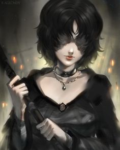 a woman with black hair holding a knife in her hand and wearing a choker