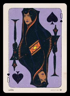 the queen of spades is holding two swords