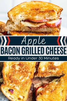 bacon grilled cheese sandwich cut in half and stacked on top of each other with text overlay