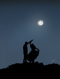 two people standing on top of a hill under a moon lit sky with the moon in the background