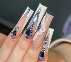 Nail Designs Navy, Nails White French Tip, Blue Winter Nails, Nails Pink Acrylic, Quinceanera Theme, Blue Quinceanera, Blue And White Nails