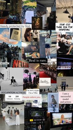 a collage of images with words and pictures on them, including people standing in front of televisions