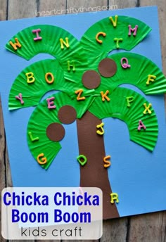 a paper plate with the words chicka chicka boom and a tree on it