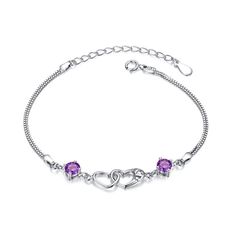 Double Love Heart Bracelet Double Heart Chain Jewelry, Double Heart Chain Jewelry Gift, Purple Cubic Zirconia Jewelry For Valentine's Day, Purple Heart Cut Cubic Zirconia Jewelry, Formal Purple Heart-shaped Jewelry, Purple Double Heart Charm Jewelry, Purple Double Heart Jewelry With Heart Charm, Purple Heart Jewelry For Formal Occasions, Purple Double Heart Jewelry For Valentine's Day