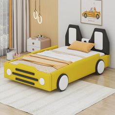 a child's bedroom with a yellow race car bed and white rug on the floor