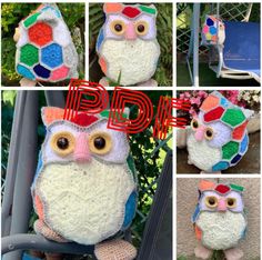 several pictures of an owl made out of crochet